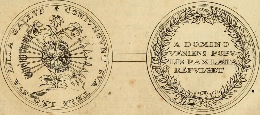 An illustration from Histoire du roy Louis le Grand, par les medailles, emblêmes, deuises, jettons, inscriptions, armoiries, et autres monumens publics, 1691, leaf 64