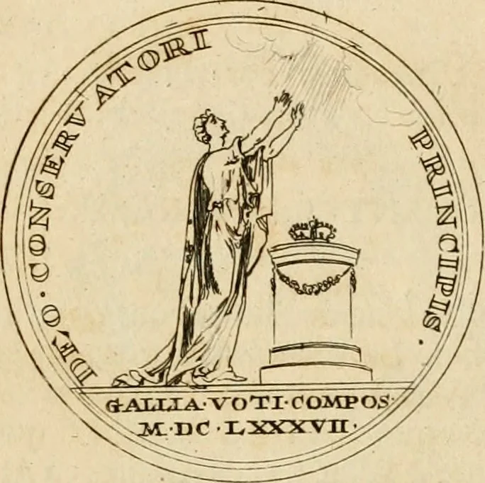 An illustration from Histoire du roy Louis le Grand, par les medailles, emblêmes, deuises, jettons, inscriptions, armoiries, et autres monumens publics, 1691, leaf 68