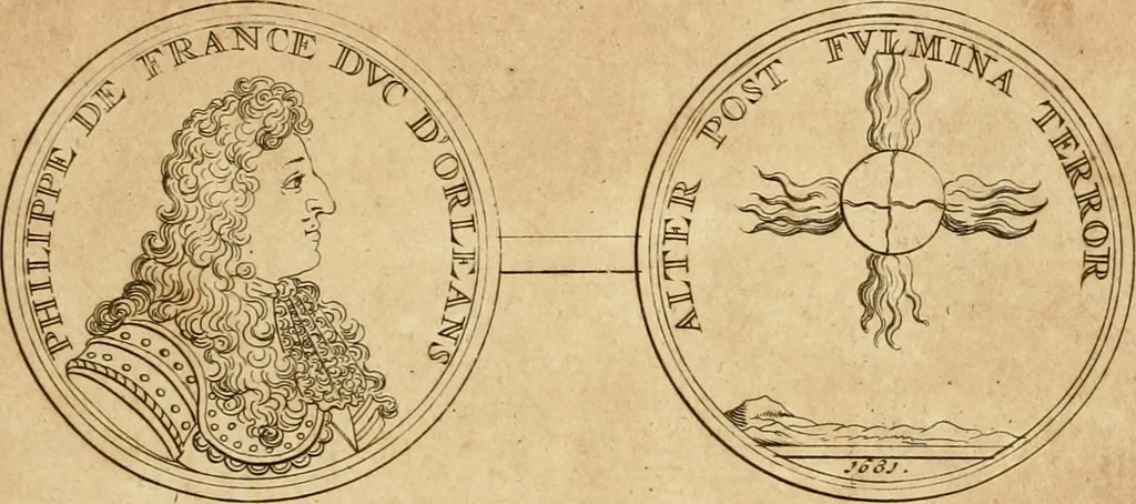 An illustration from Histoire du roy Louis le Grand, par les medailles, emblêmes, deuises, jettons, inscriptions, armoiries, et autres monumens publics, 1691, leaf 72