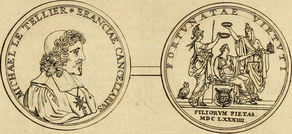 An illustration from Histoire du roy Louis le Grand, par les medailles, emblêmes, deuises, jettons, inscriptions, armoiries, et autres monumens publics, 1691, leaf 74