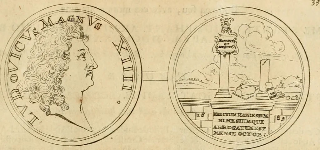 An illustration from Histoire du roy Louis le Grand, par les medailles, emblêmes, deuises, jettons, inscriptions, armoiries, et autres monumens publics, 1691, leaf 82
