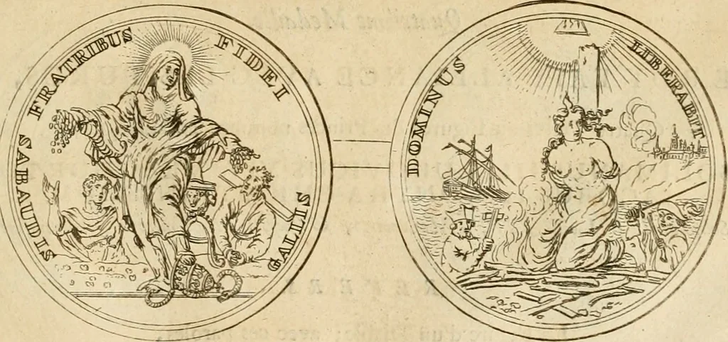 An illustration from Histoire du roy Louis le Grand, par les medailles, emblêmes, deuises, jettons, inscriptions, armoiries, et autres monumens publics, 1691, leaf 82