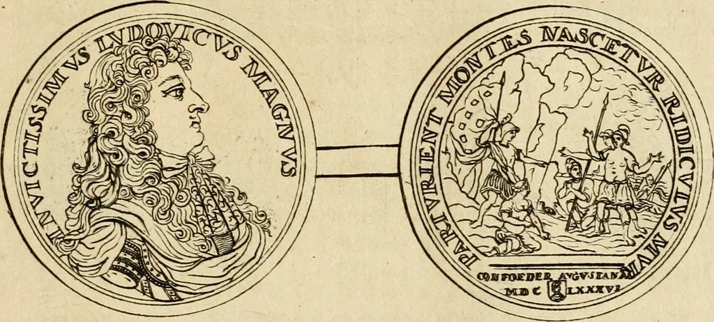 An illustration from Histoire du roy Louis le Grand, par les medailles, emblêmes, deuises, jettons, inscriptions, armoiries, et autres monumens publics, 1691, leaf 84