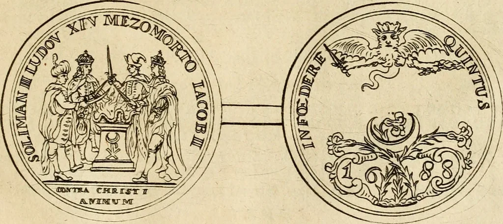 An illustration from Histoire du roy Louis le Grand, par les medailles, emblêmes, deuises, jettons, inscriptions, armoiries, et autres monumens publics, 1691, leaf 84