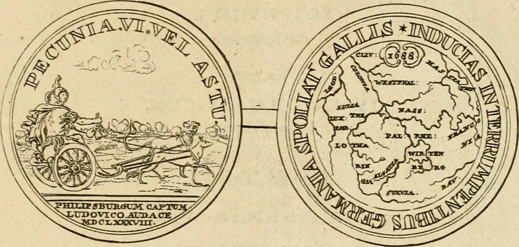 An illustration from Histoire du roy Louis le Grand, par les medailles, emblêmes, deuises, jettons, inscriptions, armoiries, et autres monumens publics, 1691, leaf 86