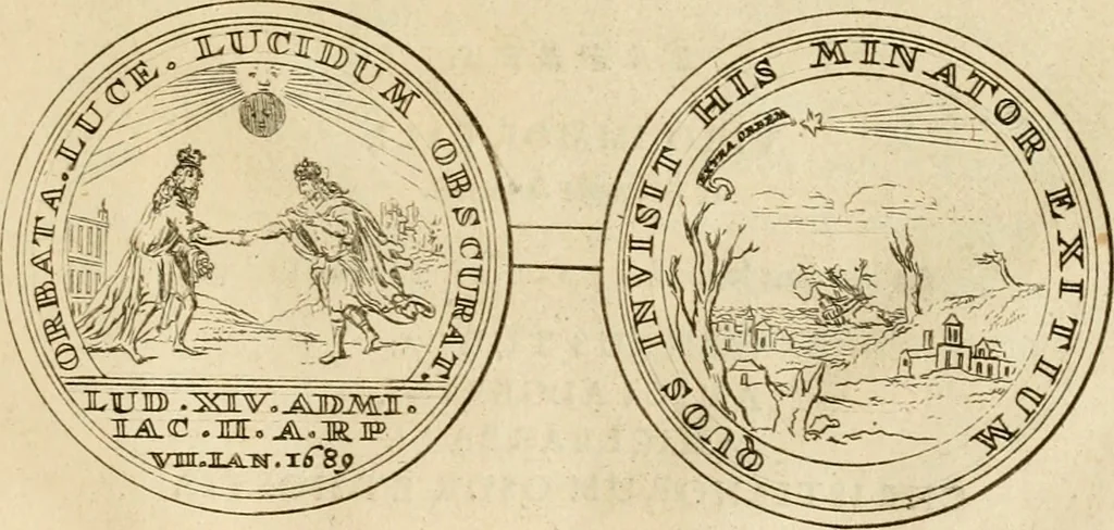 An illustration from Histoire du roy Louis le Grand, par les medailles, emblêmes, deuises, jettons, inscriptions, armoiries, et autres monumens publics, 1691, leaf 86