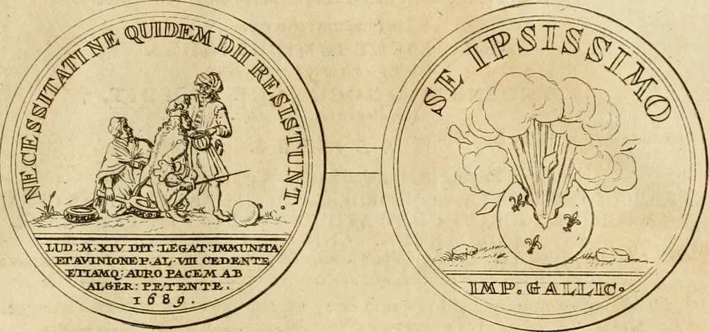An illustration from Histoire du roy Louis le Grand, par les medailles, emblêmes, deuises, jettons, inscriptions, armoiries, et autres monumens publics, 1691, leaf 88