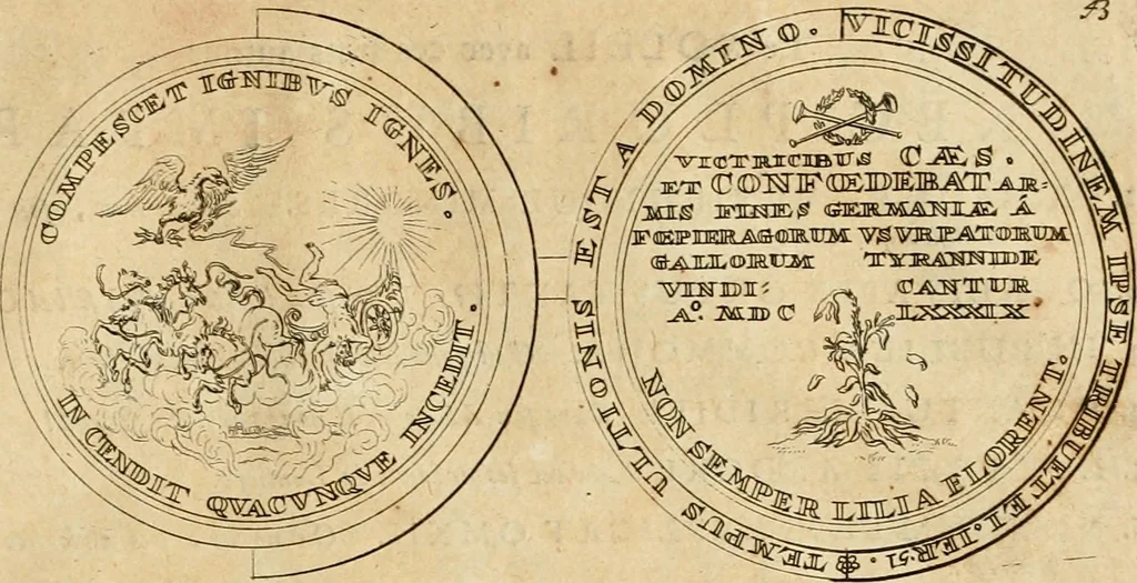 An illustration from Histoire du roy Louis le Grand, par les medailles, emblêmes, deuises, jettons, inscriptions, armoiries, et autres monumens publics, 1691, leaf 90
