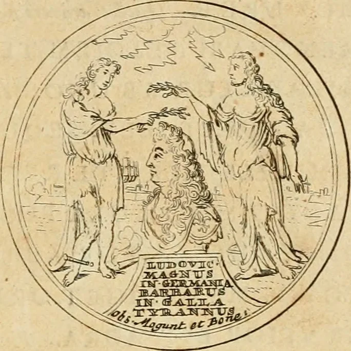 An illustration from Histoire du roy Louis le Grand, par les medailles, emblêmes, deuises, jettons, inscriptions, armoiries, et autres monumens publics, 1691, leaf 90