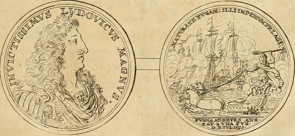 An illustration from Histoire du roy Louis le Grand, par les medailles, emblêmes, deuises, jettons, inscriptions, armoiries, et autres monumens publics, 1691, leaf 90