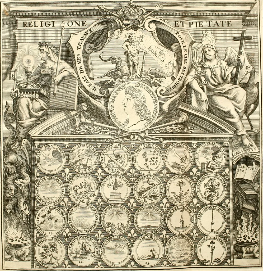An illustration from Histoire dv roy Lovis le Grand, par les medailles, emblêmes, deuises, jettons, inscriptions, armoiries, et autres monumens publics;, 1691, leaf 105