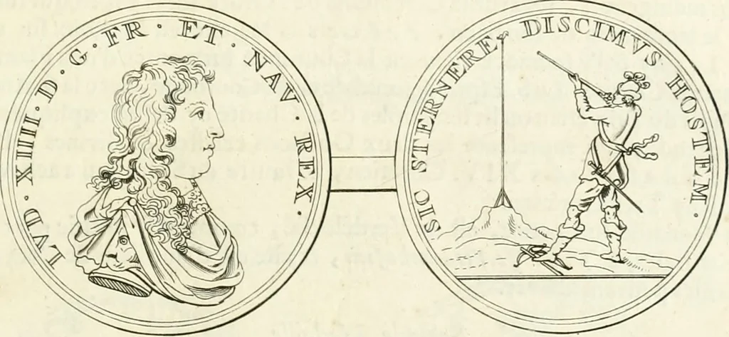 An illustration from Histoire dv roy Lovis le Grand, par les medailles, emblêmes, deuises, jettons, inscriptions, armoiries, et autres monumens publics;, 1691, leaf 14