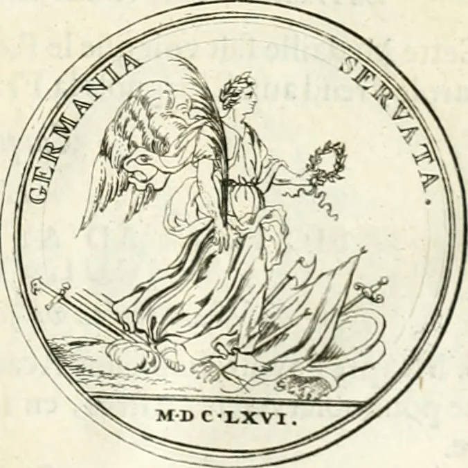 An illustration from Histoire dv roy Lovis le Grand, par les medailles, emblêmes, deuises, jettons, inscriptions, armoiries, et autres monumens publics;, 1691, leaf 28