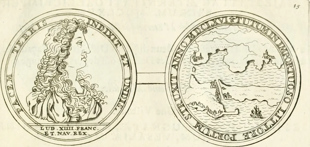 An illustration from Histoire dv roy Lovis le Grand, par les medailles, emblêmes, deuises, jettons, inscriptions, armoiries, et autres monumens publics;, 1691, leaf 34