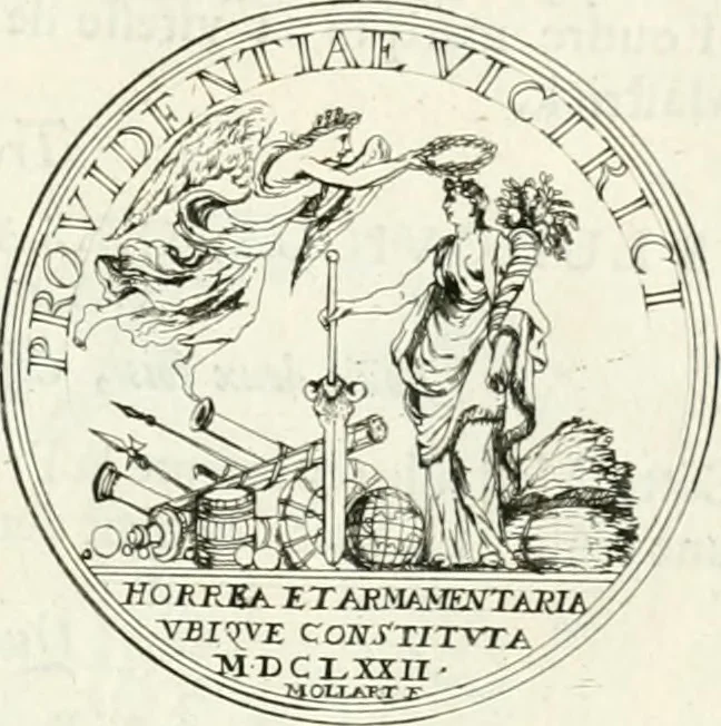 An illustration from Histoire dv roy Lovis le Grand, par les medailles, emblêmes, deuises, jettons, inscriptions, armoiries, et autres monumens publics;, 1691, leaf 36