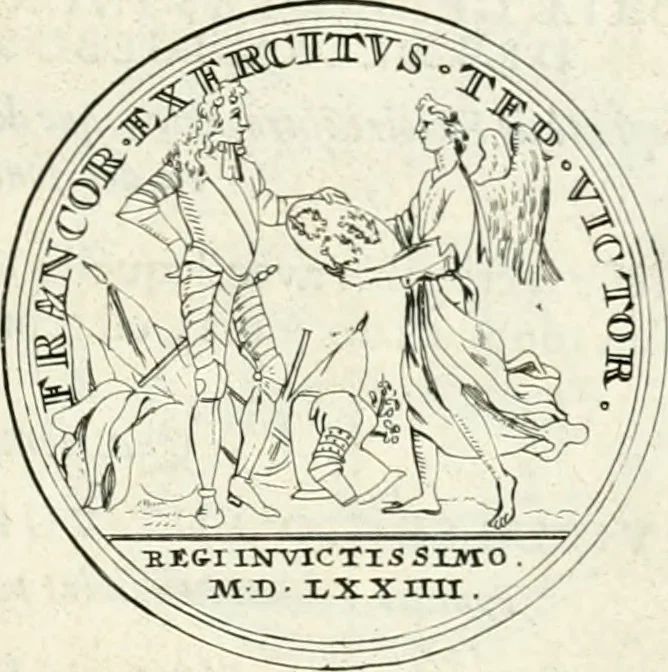 An illustration from Histoire dv roy Lovis le Grand, par les medailles, emblêmes, deuises, jettons, inscriptions, armoiries, et autres monumens publics;, 1691, leaf 38