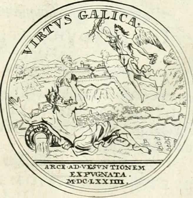 An illustration from Histoire dv roy Lovis le Grand, par les medailles, emblêmes, deuises, jettons, inscriptions, armoiries, et autres monumens publics;, 1691, leaf 38