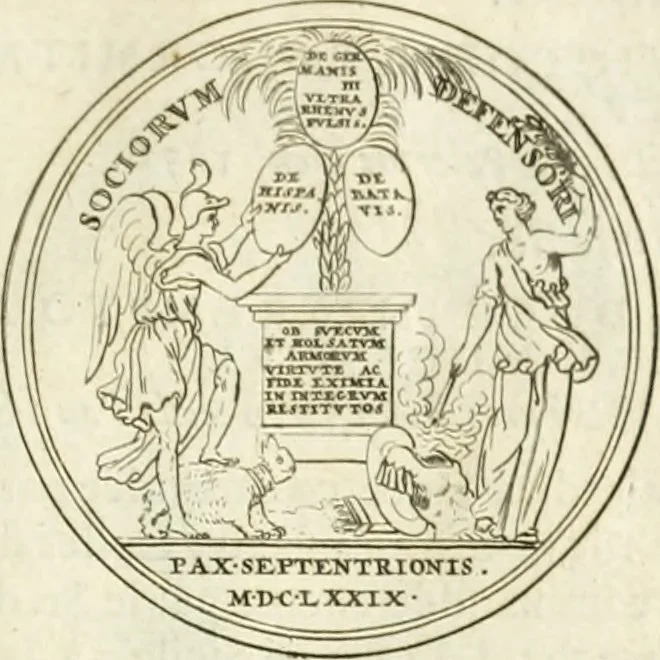 An illustration from Histoire dv roy Lovis le Grand, par les medailles, emblêmes, deuises, jettons, inscriptions, armoiries, et autres monumens publics;, 1691, leaf 42