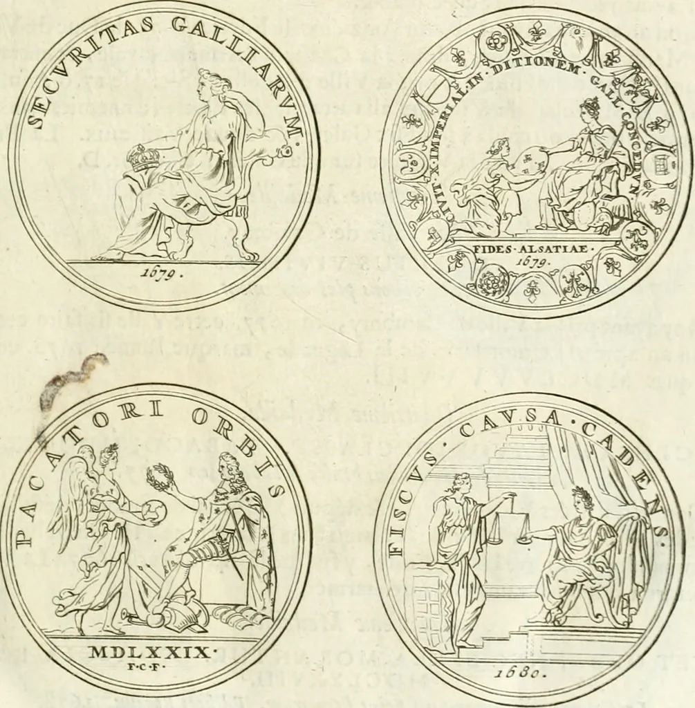 An illustration from Histoire dv roy Lovis le Grand, par les medailles, emblêmes, deuises, jettons, inscriptions, armoiries, et autres monumens publics;, 1691, leaf 42