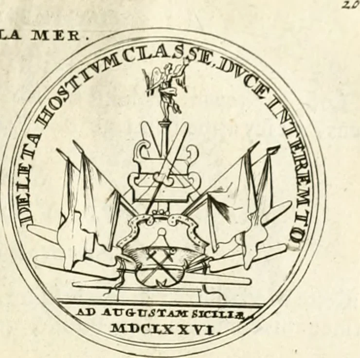 An illustration from Histoire dv roy Lovis le Grand, par les medailles, emblêmes, deuises, jettons, inscriptions, armoiries, et autres monumens publics;, 1691, leaf 44