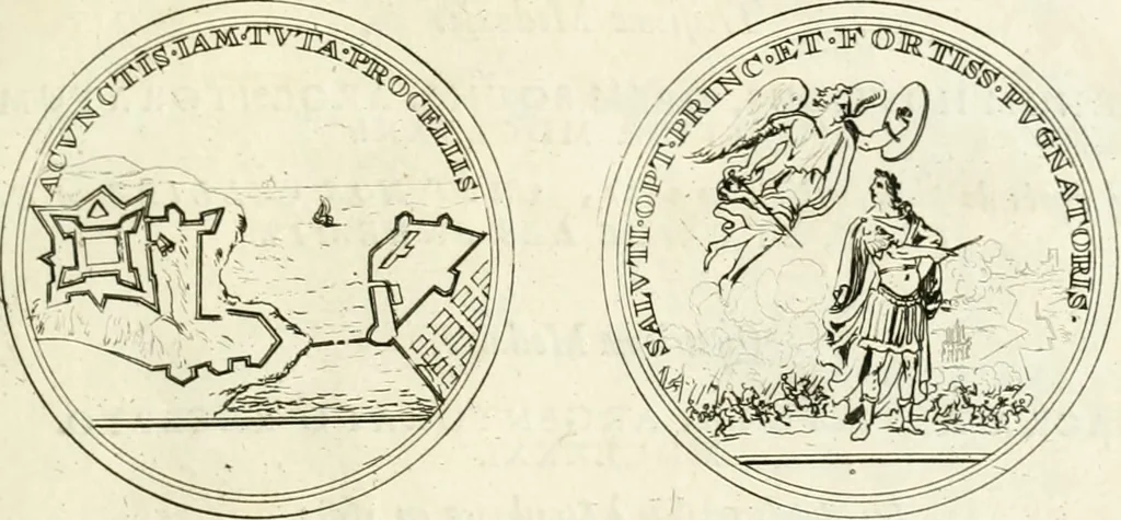 An illustration from Histoire dv roy Lovis le Grand, par les medailles, emblêmes, deuises, jettons, inscriptions, armoiries, et autres monumens publics;, 1691, leaf 46