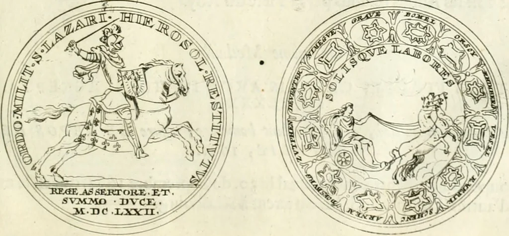 An illustration from Histoire dv roy Lovis le Grand, par les medailles, emblêmes, deuises, jettons, inscriptions, armoiries, et autres monumens publics;, 1691, leaf 46