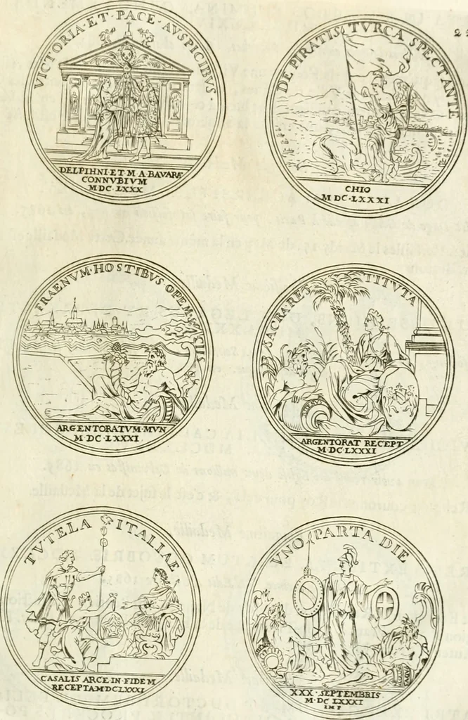An illustration from Histoire dv roy Lovis le Grand, par les medailles, emblêmes, deuises, jettons, inscriptions, armoiries, et autres monumens publics;, 1691, leaf 48