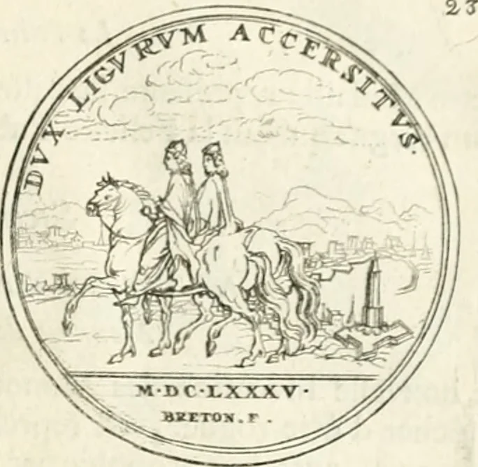 An illustration from Histoire dv roy Lovis le Grand, par les medailles, emblêmes, deuises, jettons, inscriptions, armoiries, et autres monumens publics;, 1691, leaf 50