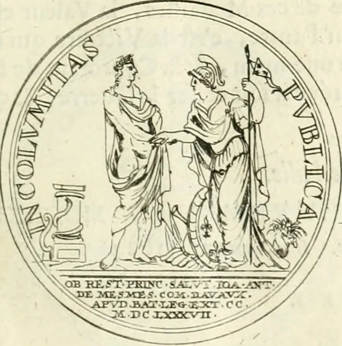 An illustration from Histoire dv roy Lovis le Grand, par les medailles, emblêmes, deuises, jettons, inscriptions, armoiries, et autres monumens publics;, 1691, leaf 52