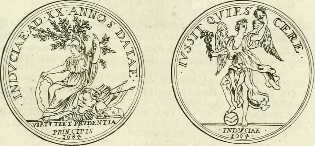 An illustration from Histoire dv roy Lovis le Grand, par les medailles, emblêmes, deuises, jettons, inscriptions, armoiries, et autres monumens publics;, 1691, leaf 54