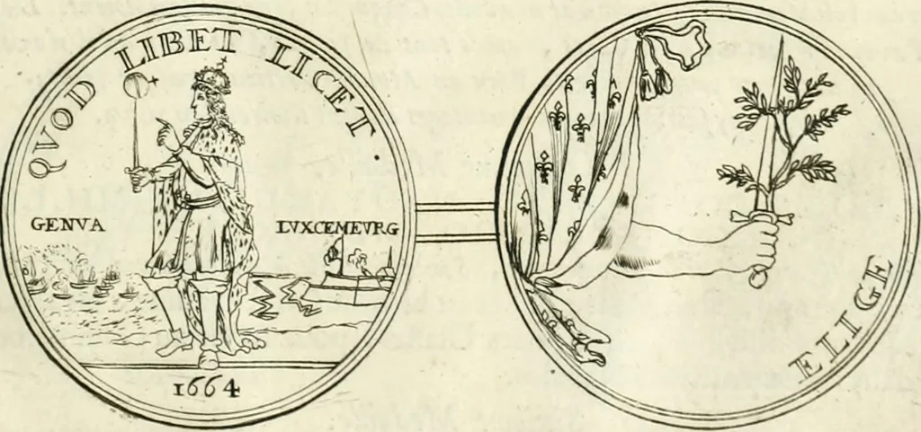 An illustration from Histoire dv roy Lovis le Grand, par les medailles, emblêmes, deuises, jettons, inscriptions, armoiries, et autres monumens publics;, 1691, leaf 54