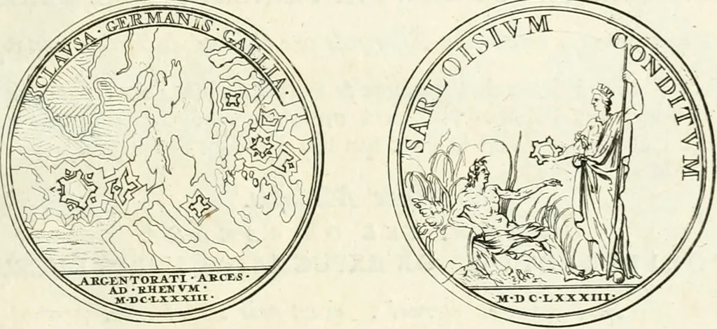 An illustration from Histoire dv roy Lovis le Grand, par les medailles, emblêmes, deuises, jettons, inscriptions, armoiries, et autres monumens publics;, 1691, leaf 58
