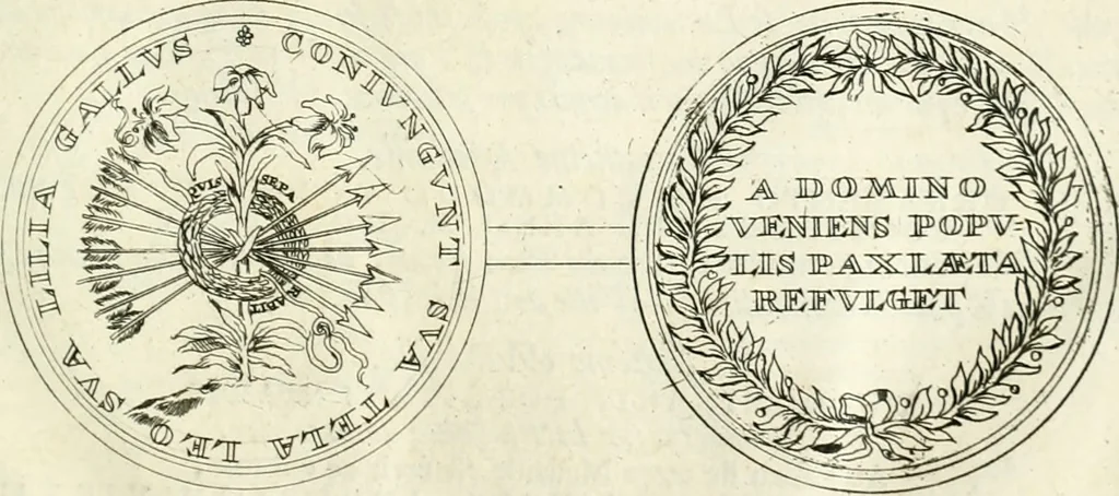 An illustration from Histoire dv roy Lovis le Grand, par les medailles, emblêmes, deuises, jettons, inscriptions, armoiries, et autres monumens publics;, 1691, leaf 64