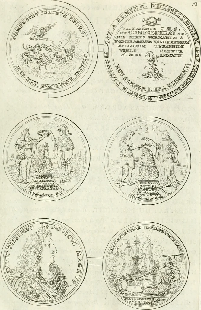 An illustration from Histoire dv roy Lovis le Grand, par les medailles, emblêmes, deuises, jettons, inscriptions, armoiries, et autres monumens publics;, 1691, leaf 90