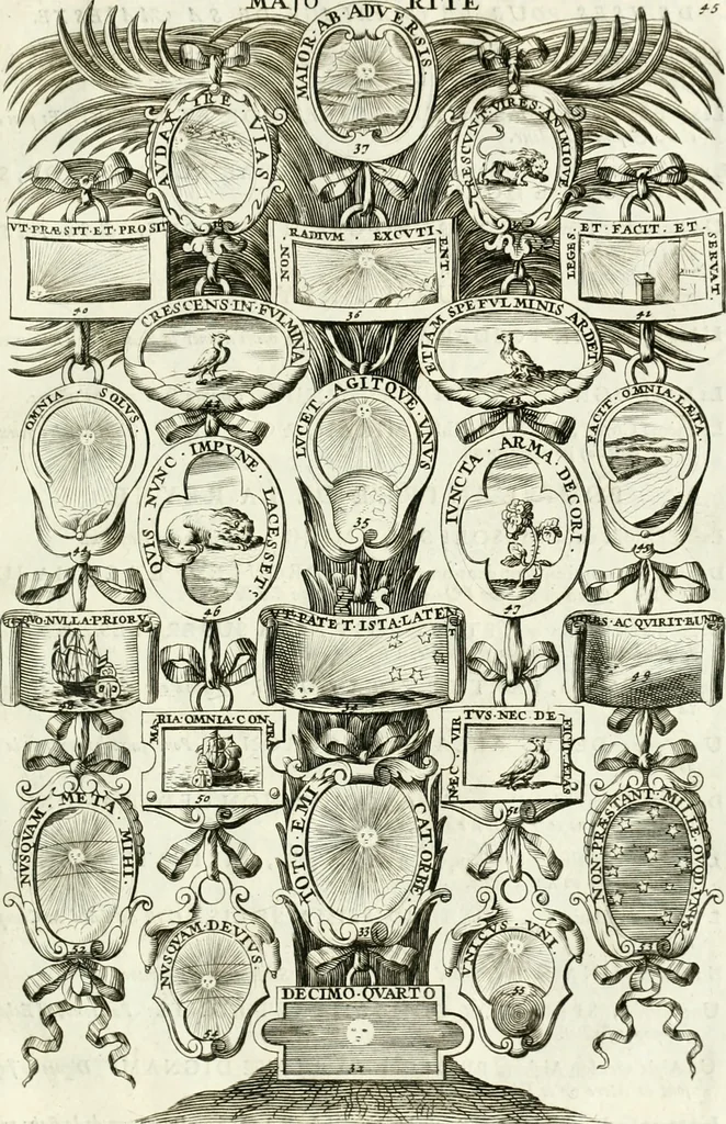 An illustration from Histoire dv roy Lovis le Grand, par les medailles, emblêmes, deuises, jettons, inscriptions, armoiries, et autres monumens publics;, 1691, leaf 94