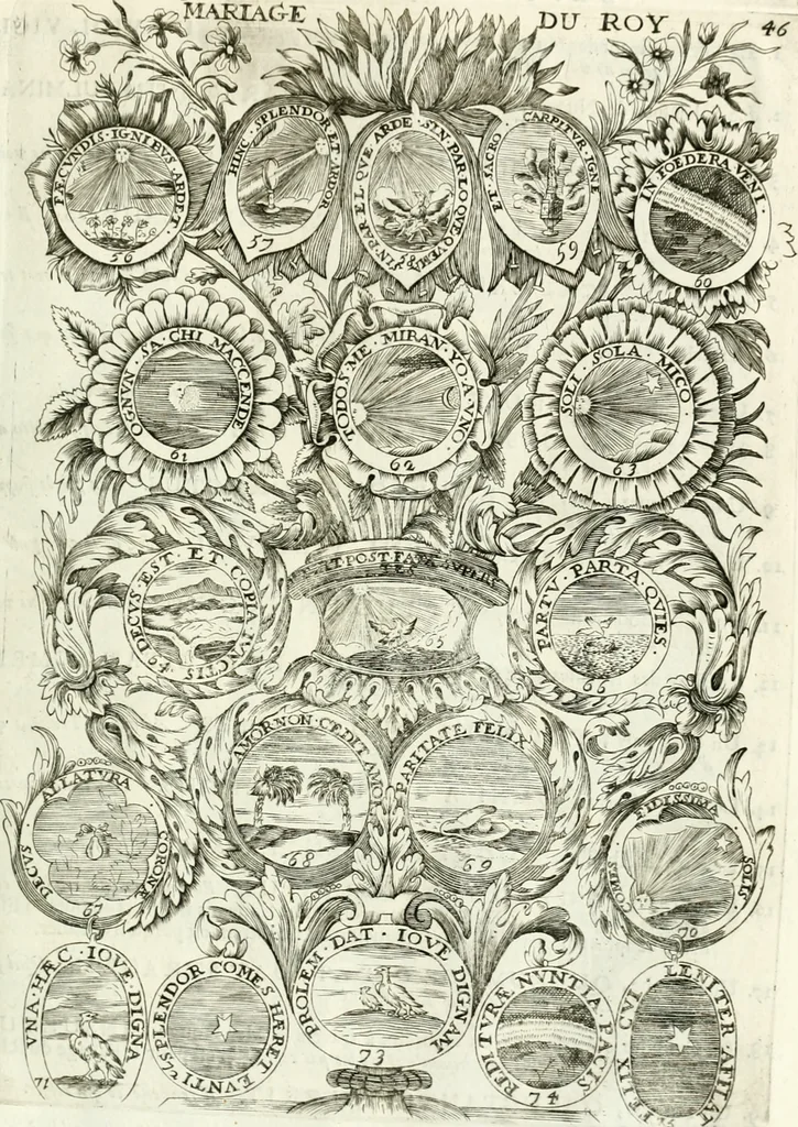 An illustration from Histoire dv roy Lovis le Grand, par les medailles, emblêmes, deuises, jettons, inscriptions, armoiries, et autres monumens publics;, 1691, leaf 96