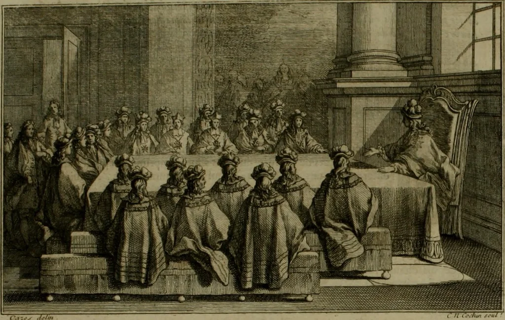 An illustration from Histoire généalogique et chronologique de la maison royale de France, des pairs, grands officiers de la couronne & de la maison du roy & des anciens barons du royaume : avec les qualitez, l'origine, le progrés & les armes de leurs familles; ensemble les statuts & le catalogue des chevaliers, commandeurs, & officiers de l'ordre du S. Esprit : le tovt dressé svr titres originaux, svr les registres des chartes du roy, du parlement, de la chambre des comptes, & du châtelet de Paris, cartulaires, manuscrits de la bibliotheque du roy, & d'autres cabinets curieux, 1726, leaf 10