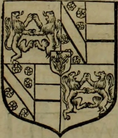 An illustration from Histoire généalogique et chronologique de la maison royale de France, des pairs, grands officiers de la couronne & de la maison du roy & des anciens barons du royaume : avec les qualitez, l'origine, le progrés & les armes de leurs familles; ensemble les statuts & le catalogue des chevaliers, commandeurs, & officiers de l'ordre du S. Esprit : le tovt dressé svr titres originaux, svr les registres des chartes du roy, du parlement, de la chambre des comptes, & du châtelet de Paris, cartulaires, manuscrits de la bibliotheque du roy, & d'autres cabinets curieux, 1726, leaf 102