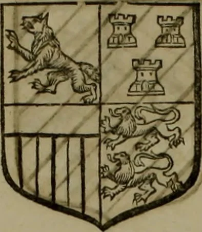 An illustration from Histoire généalogique et chronologique de la maison royale de France, des pairs, grands officiers de la couronne & de la maison du roy & des anciens barons du royaume : avec les qualitez, l'origine, le progrés & les armes de leurs familles; ensemble les statuts & le catalogue des chevaliers, commandeurs, & officiers de l'ordre du S. Esprit : le tovt dressé svr titres originaux, svr les registres des chartes du roy, du parlement, de la chambre des comptes, & du châtelet de Paris, cartulaires, manuscrits de la bibliotheque du roy, & d'autres cabinets curieux, 1726, leaf 103
