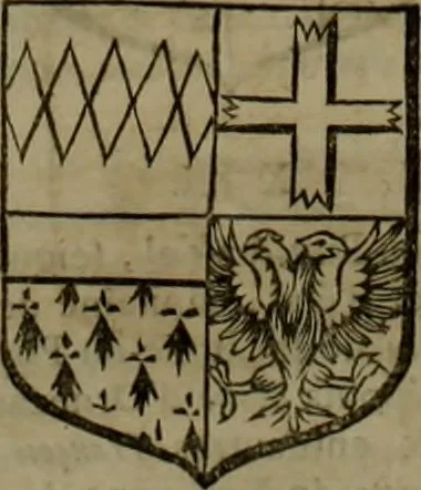 An illustration from Histoire généalogique et chronologique de la maison royale de France, des pairs, grands officiers de la couronne & de la maison du roy & des anciens barons du royaume : avec les qualitez, l'origine, le progrés & les armes de leurs familles; ensemble les statuts & le catalogue des chevaliers, commandeurs, & officiers de l'ordre du S. Esprit : le tovt dressé svr titres originaux, svr les registres des chartes du roy, du parlement, de la chambre des comptes, & du châtelet de Paris, cartulaires, manuscrits de la bibliotheque du roy, & d'autres cabinets curieux, 1726, leaf 103