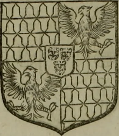 An illustration from Histoire généalogique et chronologique de la maison royale de France, des pairs, grands officiers de la couronne & de la maison du roy & des anciens barons du royaume : avec les qualitez, l'origine, le progrés & les armes de leurs familles; ensemble les statuts & le catalogue des chevaliers, commandeurs, & officiers de l'ordre du S. Esprit : le tovt dressé svr titres originaux, svr les registres des chartes du roy, du parlement, de la chambre des comptes, & du châtelet de Paris, cartulaires, manuscrits de la bibliotheque du roy, & d'autres cabinets curieux, 1726, leaf 107