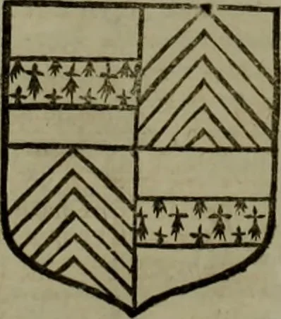 An illustration from Histoire généalogique et chronologique de la maison royale de France, des pairs, grands officiers de la couronne & de la maison du roy & des anciens barons du royaume : avec les qualitez, l'origine, le progrés & les armes de leurs familles; ensemble les statuts & le catalogue des chevaliers, commandeurs, & officiers de l'ordre du S. Esprit : le tovt dressé svr titres originaux, svr les registres des chartes du roy, du parlement, de la chambre des comptes, & du châtelet de Paris, cartulaires, manuscrits de la bibliotheque du roy, & d'autres cabinets curieux, 1726, leaf 109