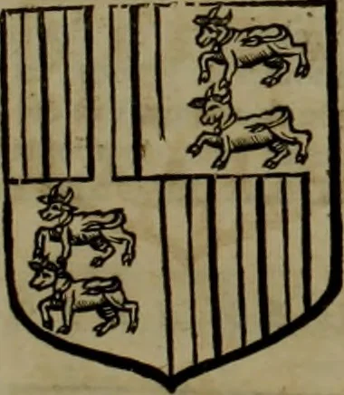 An illustration from Histoire généalogique et chronologique de la maison royale de France, des pairs, grands officiers de la couronne & de la maison du roy & des anciens barons du royaume : avec les qualitez, l'origine, le progrés & les armes de leurs familles; ensemble les statuts & le catalogue des chevaliers, commandeurs, & officiers de l'ordre du S. Esprit : le tovt dressé svr titres originaux, svr les registres des chartes du roy, du parlement, de la chambre des comptes, & du châtelet de Paris, cartulaires, manuscrits de la bibliotheque du roy, & d'autres cabinets curieux, 1726, leaf 112