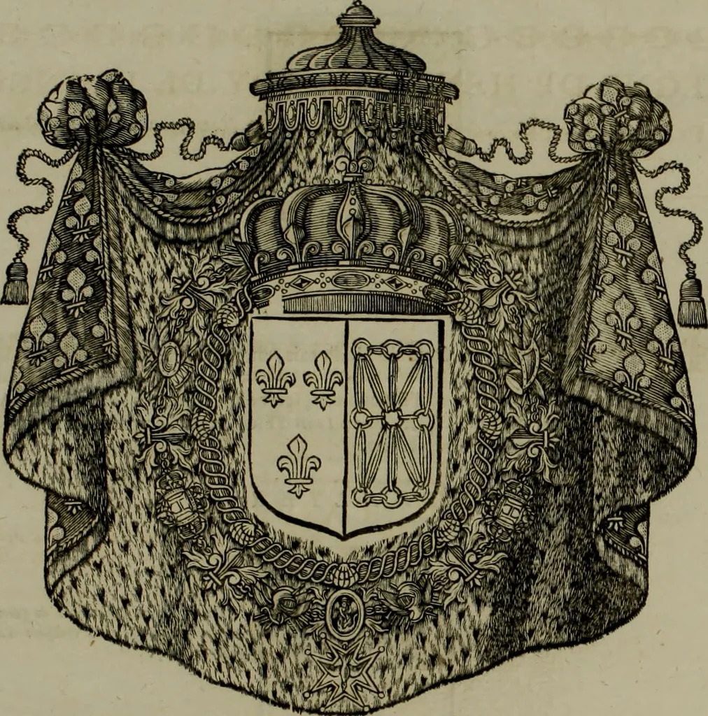 An illustration from Histoire généalogique et chronologique de la maison royale de France, des pairs, grands officiers de la couronne & de la maison du roy & des anciens barons du royaume : avec les qualitez, l'origine, le progrés & les armes de leurs familles; ensemble les statuts & le catalogue des chevaliers, commandeurs, & officiers de l'ordre du S. Esprit : le tovt dressé svr titres originaux, svr les registres des chartes du roy, du parlement, de la chambre des comptes, & du châtelet de Paris, cartulaires, manuscrits de la bibliotheque du roy, & d'autres cabinets curieux, 1726, leaf 114