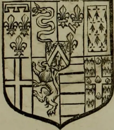 An illustration from Histoire généalogique et chronologique de la maison royale de France, des pairs, grands officiers de la couronne & de la maison du roy & des anciens barons du royaume : avec les qualitez, l'origine, le progrés & les armes de leurs familles; ensemble les statuts & le catalogue des chevaliers, commandeurs, & officiers de l'ordre du S. Esprit : le tovt dressé svr titres originaux, svr les registres des chartes du roy, du parlement, de la chambre des comptes, & du châtelet de Paris, cartulaires, manuscrits de la bibliotheque du roy, & d'autres cabinets curieux, 1726, leaf 128