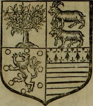 An illustration from Histoire généalogique et chronologique de la maison royale de France, des pairs, grands officiers de la couronne & de la maison du roy & des anciens barons du royaume : avec les qualitez, l'origine, le progrés & les armes de leurs familles; ensemble les statuts & le catalogue des chevaliers, commandeurs, & officiers de l'ordre du S. Esprit : le tovt dressé svr titres originaux, svr les registres des chartes du roy, du parlement, de la chambre des comptes, & du châtelet de Paris, cartulaires, manuscrits de la bibliotheque du roy, & d'autres cabinets curieux, 1726, leaf 130
