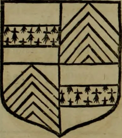 An illustration from Histoire généalogique et chronologique de la maison royale de France, des pairs, grands officiers de la couronne & de la maison du roy & des anciens barons du royaume : avec les qualitez, l'origine, le progrés & les armes de leurs familles; ensemble les statuts & le catalogue des chevaliers, commandeurs, & officiers de l'ordre du S. Esprit : le tovt dressé svr titres originaux, svr les registres des chartes du roy, du parlement, de la chambre des comptes, & du châtelet de Paris, cartulaires, manuscrits de la bibliotheque du roy, & d'autres cabinets curieux, 1726, leaf 130