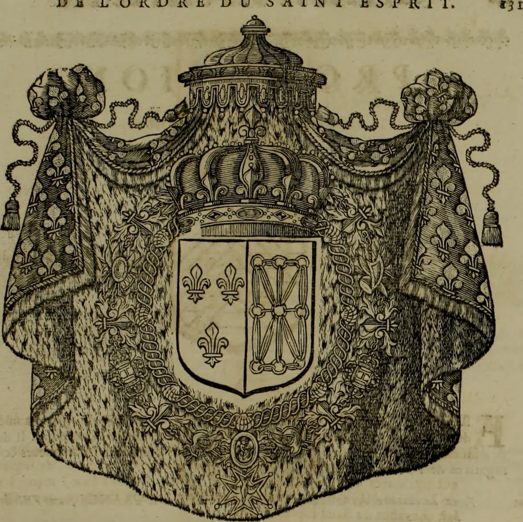 An illustration from Histoire généalogique et chronologique de la maison royale de France, des pairs, grands officiers de la couronne & de la maison du roy & des anciens barons du royaume : avec les qualitez, l'origine, le progrés & les armes de leurs familles; ensemble les statuts & le catalogue des chevaliers, commandeurs, & officiers de l'ordre du S. Esprit : le tovt dressé svr titres originaux, svr les registres des chartes du roy, du parlement, de la chambre des comptes, & du châtelet de Paris, cartulaires, manuscrits de la bibliotheque du roy, & d'autres cabinets curieux, 1726, leaf 140