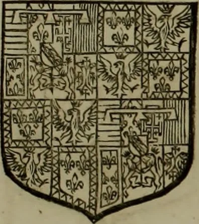 An illustration from Histoire généalogique et chronologique de la maison royale de France, des pairs, grands officiers de la couronne & de la maison du roy & des anciens barons du royaume : avec les qualitez, l'origine, le progrés & les armes de leurs familles; ensemble les statuts & le catalogue des chevaliers, commandeurs, & officiers de l'ordre du S. Esprit : le tovt dressé svr titres originaux, svr les registres des chartes du roy, du parlement, de la chambre des comptes, & du châtelet de Paris, cartulaires, manuscrits de la bibliotheque du roy, & d'autres cabinets curieux, 1726, leaf 144