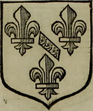 An illustration from Histoire généalogique et chronologique de la maison royale de France, des pairs, grands officiers de la couronne & de la maison du roy & des anciens barons du royaume : avec les qualitez, l'origine, le progrés & les armes de leurs familles; ensemble les statuts & le catalogue des chevaliers, commandeurs, & officiers de l'ordre du S. Esprit : le tovt dressé svr titres originaux, svr les registres des chartes du roy, du parlement, de la chambre des comptes, & du châtelet de Paris, cartulaires, manuscrits de la bibliotheque du roy, & d'autres cabinets curieux, 1726, leaf 145